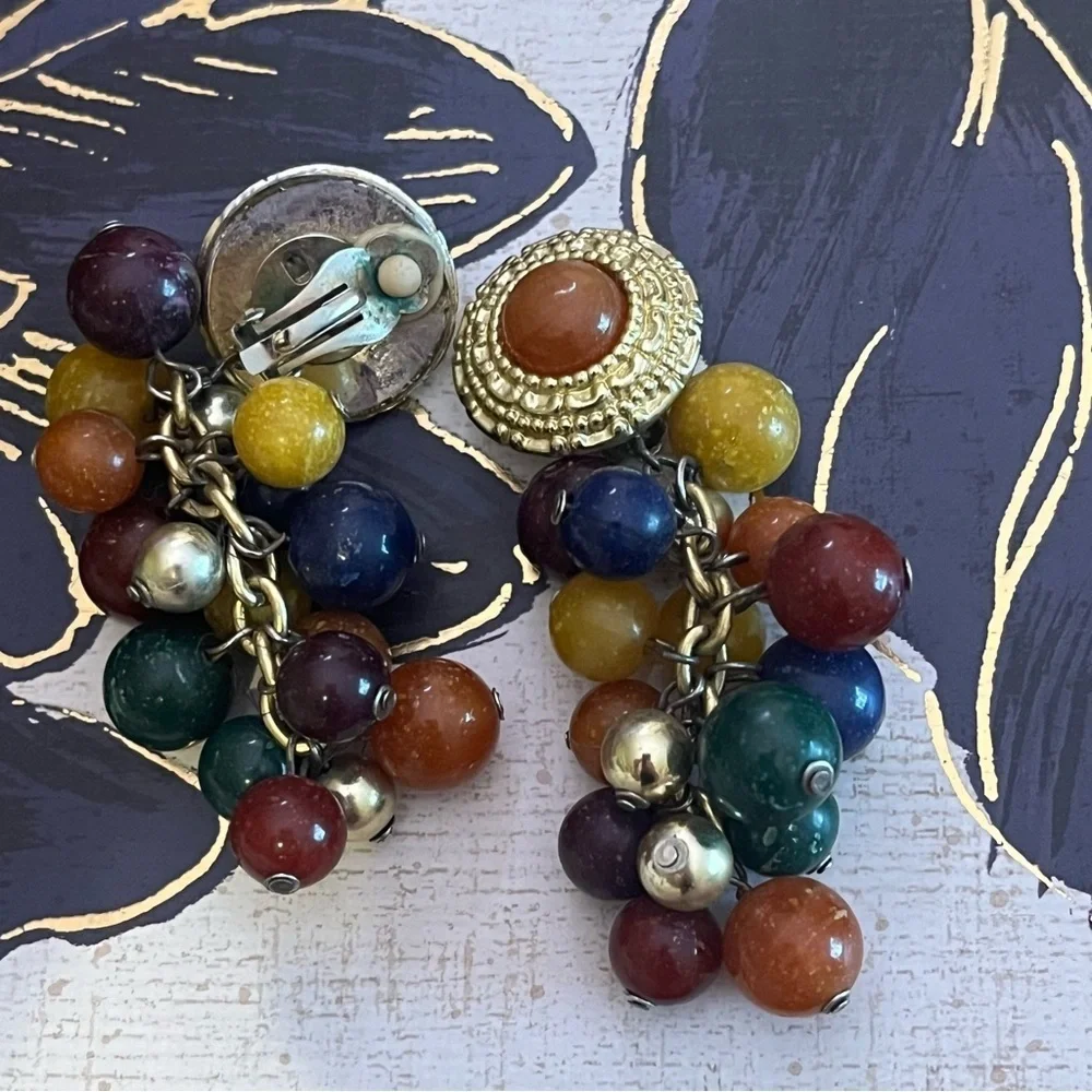 Vintage 80s Chunky Beaded BOLD Acrylic Clip On Earrings Gold and Jewel Tones